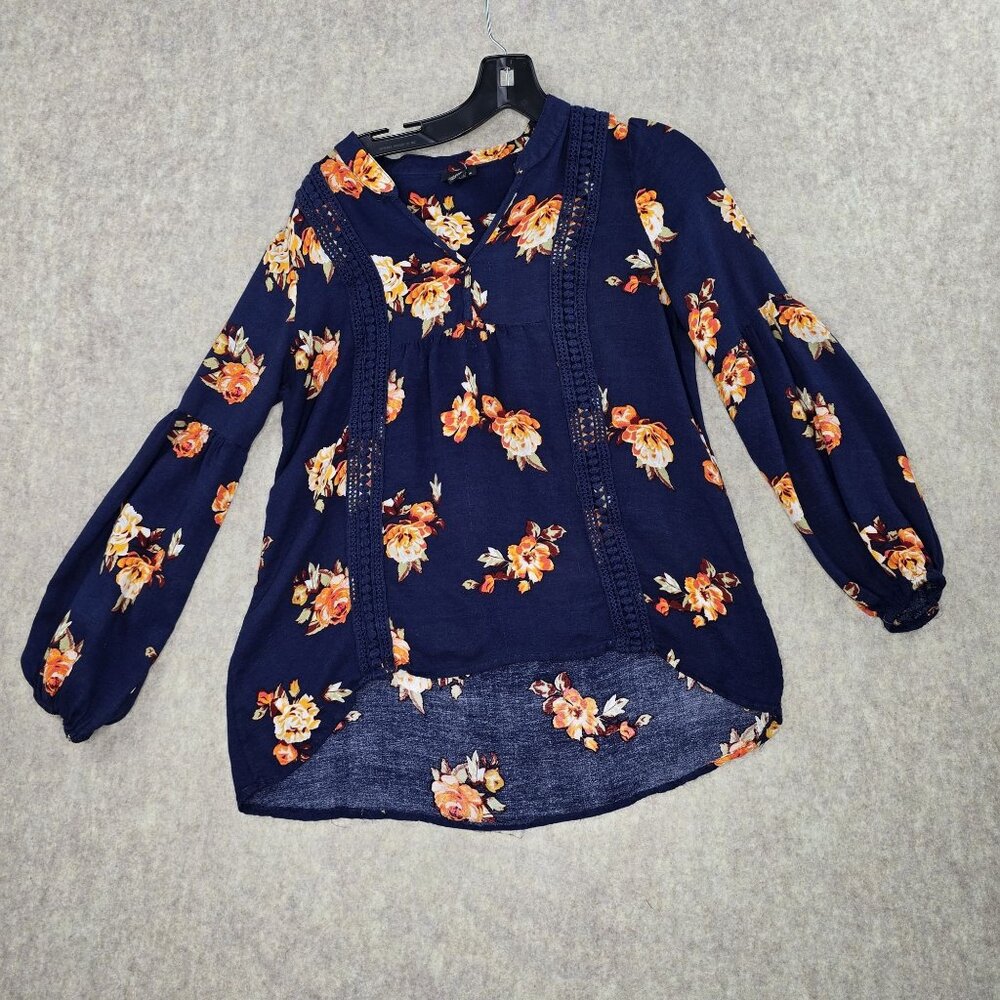 Rue21 Womens Floral Blouse Navy Blue M 100% Rayon Long Sleeve Boho Chic